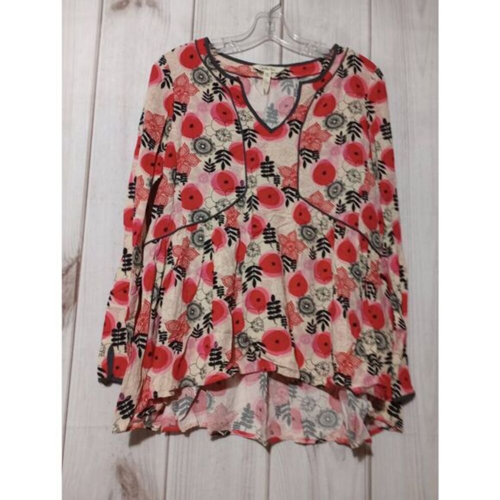 Matilda Jane Womens Floral High‎ Low Peplum Blouse Red Pink Long Sleeve Small